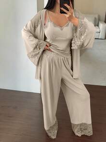 DAZY 3pcs Lace Patchwork Robe, Camisole & Pants Women Sleepwear Pajama Set, Fall & Winter Clothes - Grey - View 5