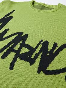 Claim Dot 男士字母提花圆领休闲宽松针织衫，秋冬款，长袖上衣 - 橄欖綠 - 查看 3