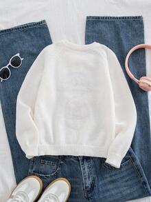Girls' White,Autumn,Cute,Holiday,Back-To-School Sweater,Cartoon Kitten Pattern Jacquard 3D Braid Decor Funny Knitwear For School And Outings - White - View 2