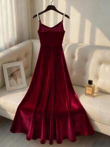 Franclia Women's Elegant Korean Velvet Pearl Decor Camisole A-Line Dress,Burgundy Autumn Party Formal Maroon Dark Red Satin Dresses For Commute & Events - Burgundy - View 2