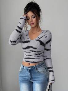 SHEIN Elenzya Women's V-Neck Zebra Jacquard Fitted Sweater - Light Grey - View 3