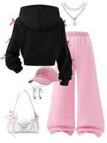 SHEIN 女童三件套套装 - 黑色蝴蝶结拉链外套、白色交叉背心、蝴蝶结阔腿裤，适合外出、度假、玩耍、返校、秋冬季穿着。 - 彩色 - 查看 2