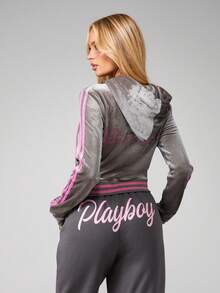 Missguided x Playboy Velour Zip Up Hoodie Jacket With Rhinestone Logo And Pink Trim Details - Grey - View 2