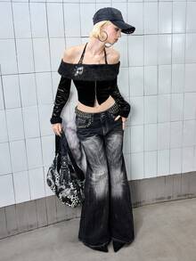 ROMWE Avant Top de mujer con hombros descubiertos, con adornos de strass y textura suave, estilo subcultura Y2K - Negro - Ver 8