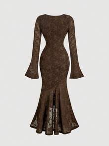 SHEIN MOD 女士纹理方领长袖连衣裙 - 咖啡棕 - 查看 2