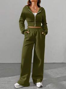 SHEIN EZwear 2件組女款休閒軍綠色拉鍊連帽外套與長褲套裝，冬季穿搭，秋季女裝，女款冬季兩件式套裝 - 軍綠色 - 查看 6
