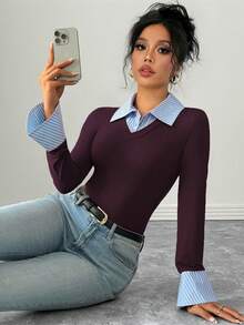 SHEIN PETITE 优雅通勤连体衣，AB拼接领，喇叭袖口，长袖，半开襟，条纹，多色，女款，秋冬 - 酒紅色 - 查看 6