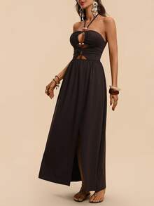 Travachic Women's Vacation Solid Color Hollow Out Sexy Beaded Halter Dress - Brown - View 6