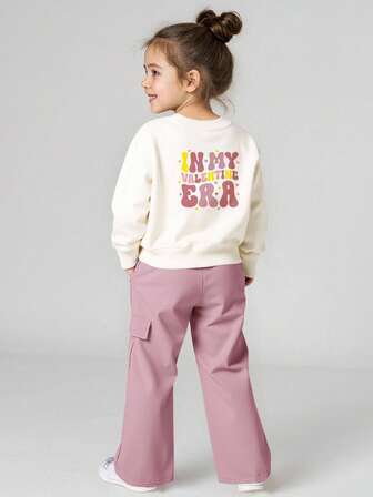 JNSQ 2pcs/Set Young Girls Casual Outfit, Includes Loose Fit Crew Neck Graphic Print Long Sleeve Sweatshirt Top And Relaxed Straight Leg Sweatpants, Suitable For Autumn, Winter, Daily Wear, Outdoor Activities, Vacation, Streetwear, Party And Leisure