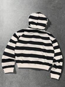 ROMWE MEN Street Life Men's Fuzzy Collar Preppy Striped Sweatshirt Sweatshirt, Loose Fit - Black and White - View 2