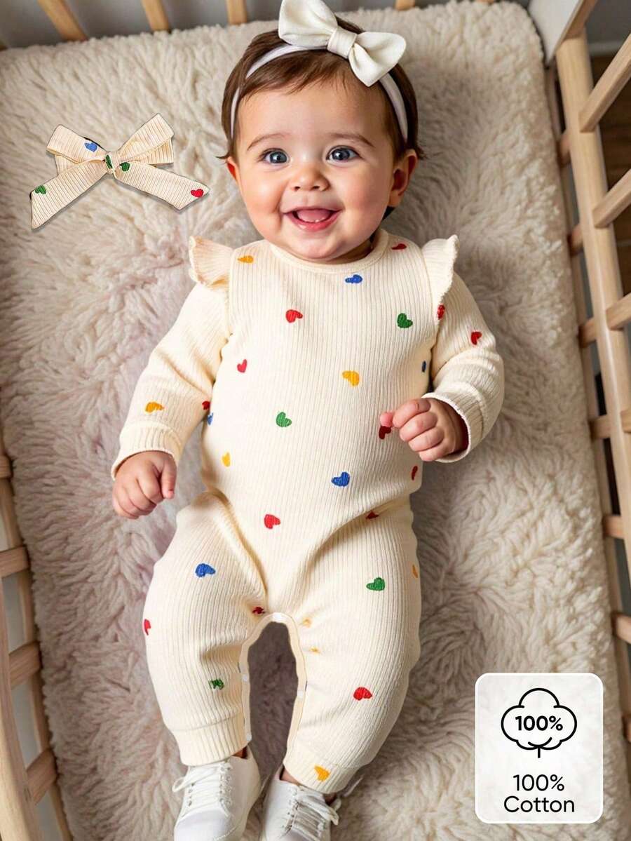 SHEIN 情人节新生儿爱心印花连体衣，舒适针织休闲连体衣，带发带 - 杏色 - 查看 1