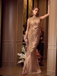 MOTF Soiréza ELEGANT SLEEVELESS STAND COLLAR MERMAID FLOOR-LENGTH EVENING GOWN – SIDE SLIT FISH TAIL WITH SPARKLY BEADED FABRIC & FAUX PEARL ACCENTS, FITTED SILHOUETTE FOR FORMAL PARTIES & SPECIAL OCCASIONS FOR WOMEN - Khaki - View 6