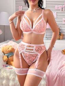 SHEIN 4 件套女士性感内衣套装，包括花卉蕾丝刺绣文胸、内裤、吊袜带、腿环，甜美可爱 - 珊瑚粉 - 查看 6