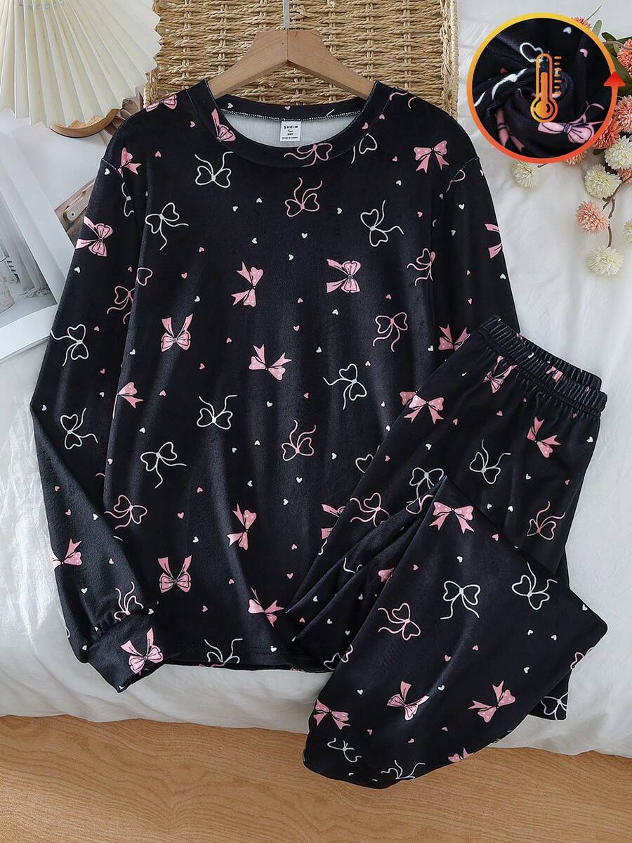 2 Piece Sets Teen GirlBow Print Velvet Long Sleeve Top And Pants Pajama Set Teen Long Sleeve Pajama Bow Pajamas Cute Pj Set Tween Girls Pajama Set Bow Teen Girl Clothes - Multicolor - View 1