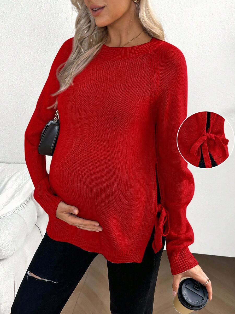 SHEIN Maternity Casual Solid Color Drawstring Crew Neck Long Sleeve Sweater, Autumn/Winter - Red - View 1