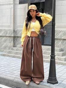 SHEIN EZwear Brown Pants Women's Brown Woven Solid Color Casual Pants - Coffee Brown - View 5