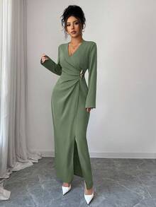 SHEIN PETITE Women's Elegant Solid Color Wrap Long Dress For Commuting - Green - View 5