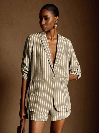 Écloséra Blazer de mujer de estilo retro francés minimalista, cómodo, de lino a rayas con cuello muescado, de una sola hilera y mangas enrolladas