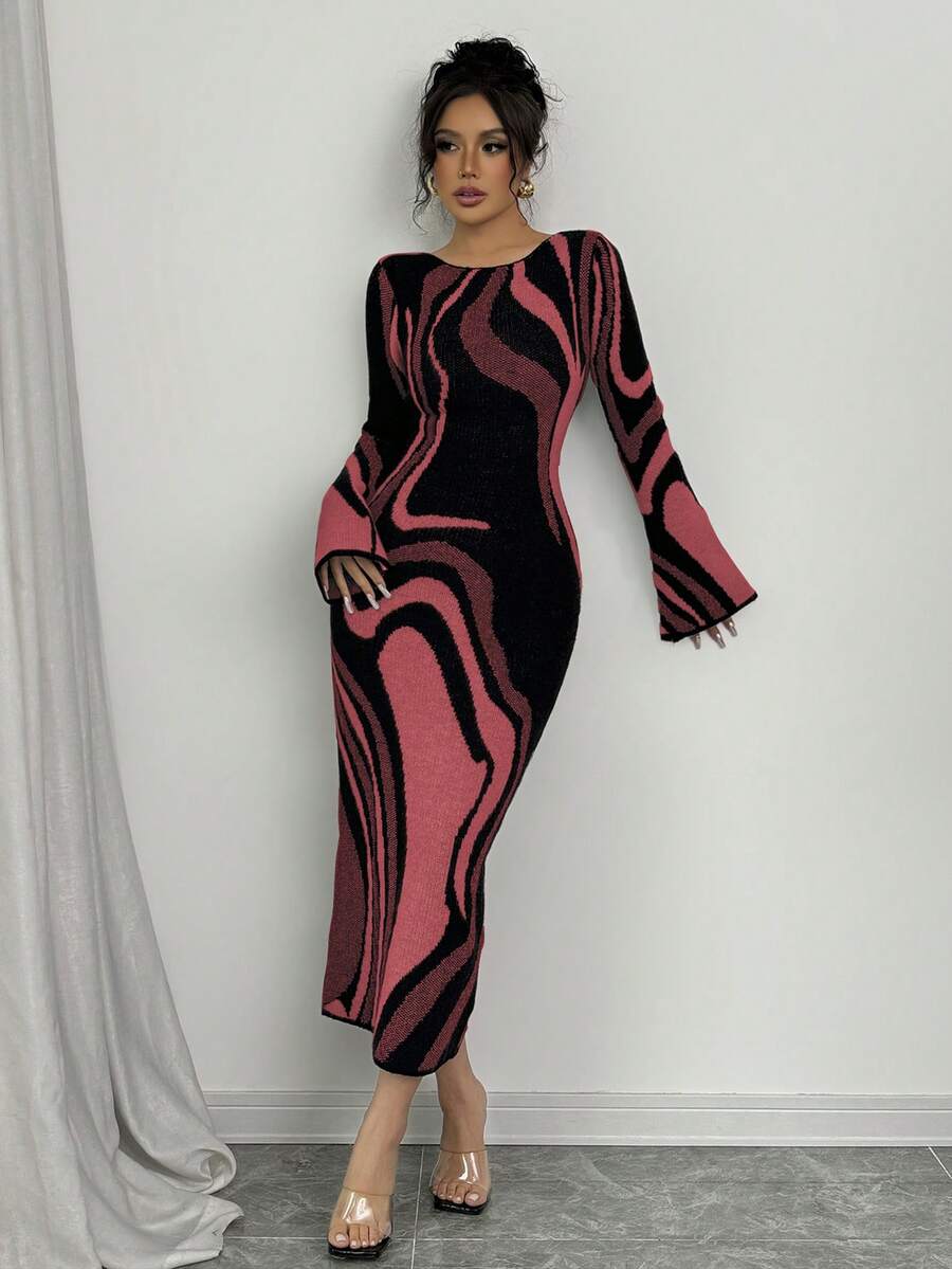 Elenzga Women's Color Block Print Round Neck Long Sleeve Bodycon Midi Dress - Red - View 1