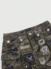 ROMWE Grunge Punk تنورة جينز قصيرة نسائية بطبعات عسكرية كاموفلاج وجيوب على الطراز القديم - أخضر عسكري - مشاهدة 4