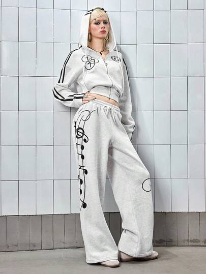 ROMWE Avant Y3K Hot Girl Musiknoten Stickerei Design lässige weite Sweatshirt und Jogginghose 2 Stücke Set für Frauen
