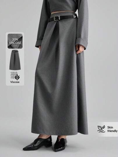 Ontre Women's Grey Comfortable High-Quality Fabric Regular Waist A-Line Skirt With Front & Back Inverted Pleat Design, Includes Decorative Belt, Modern Urban Casual Business Office Wear, Low-Key Elegant High-End Quality Airport Fashion Women Skirt Low-Key And Durable Basic Style, All-Match And Suitable For Everyone, Street Fashion Wear, Coffee Shop Wear, Relaxed Wear All-Season Back-To-School Season Campus Wear Club Wear Youthful Casual Style High-End, Elegant, Old-Fashioned Cruise Attire For Wedding