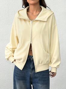 SHEIN EZwear 女士前拉链长袖口袋卫衣，简约休闲，适合毕业、教师、秋冬返校季穿着。 - 杏色 - 查看 6