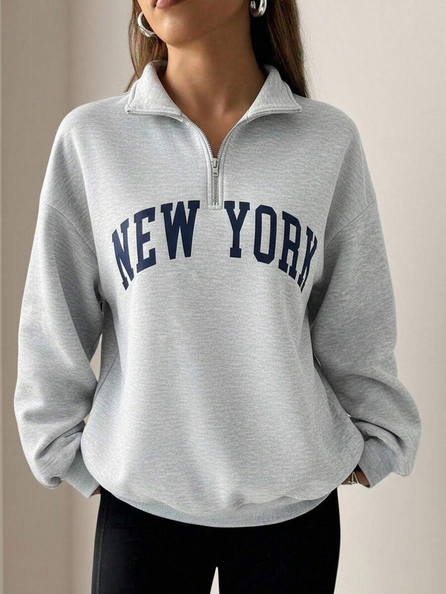 Sweat-shirt-shirt décontracté à demi-zip et col montant avec motif floral gris pour adolescentes et préadolescentes, Sweat-shirt-shirt ample à manches longues avec imprimé graphique minimaliste classique "New York", col rond épais, adapté pour l'automne/l'hiver - Gris - Voir 1