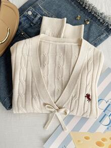 SHEIN EZwear Plus Size Red & White Christmas Bow Knit Cardigan, Soft & Comfortable, Suitable For Christmas, Holidays, Embroidered Women Cardigan Sweaters For Women Cardigan - Beige - View 5