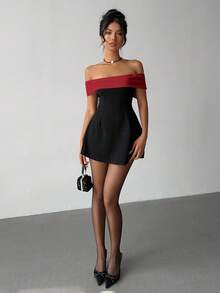 Aloruh Valentine's Day Off Shoulder Black & White Bowknot Dress,Dresses For Women Elegant - Red and Black - View 6