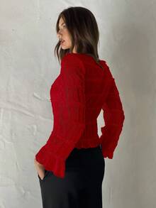 Aloruh Áo kiểu nữ thanh lịch bằng vải chiffon phối ren màu đỏ, thích hợp mặc mùa thu/đông, lễ tốt nghiệp, áo dành cho giáo viên, áo đi học. - Đỏ - Xem 3