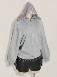 SHEIN ICON 大码女式长袖拉链亮片休闲卫衣/冬季 - 灰色 - 查看 6