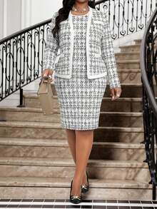SHEIN Lady 秋冬优雅通勤办公室彩色针织铅笔中长袖大码套装女士冬装感恩节冬装冬季服装优雅服装 - 白色 - 查看 2