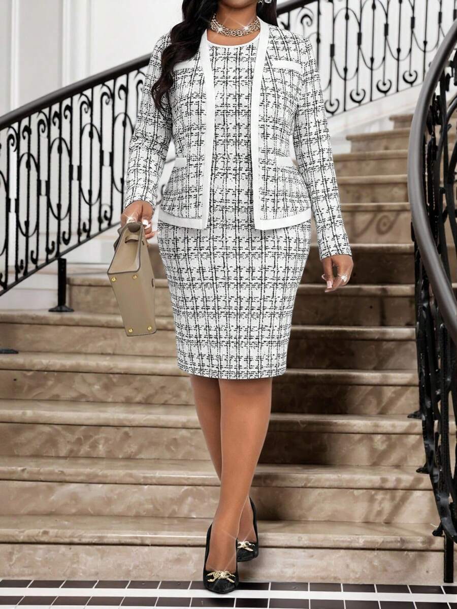 SHEIN Lady 秋冬优雅通勤办公室彩色针织铅笔中长袖大码套装女士冬装感恩节冬装冬季服装优雅服装