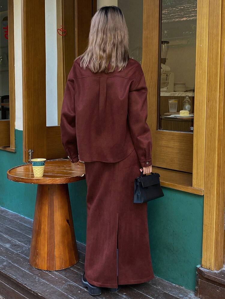 Women's Casual Collared Top And Skirt 2 Pieces Set, Autumn/Winter