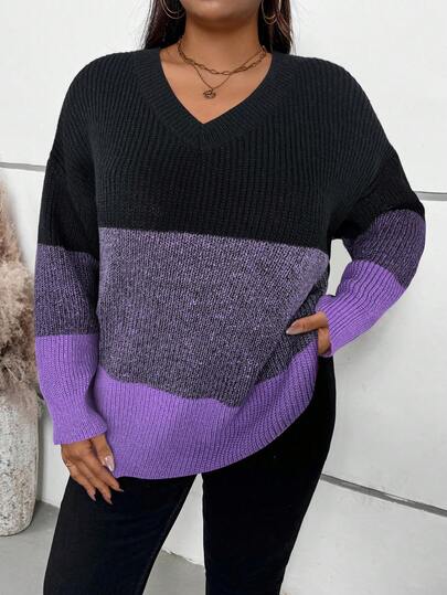 EMERY ROSE Plus Size Colorblock V-Neck Casual Pullover Sweater/Winter