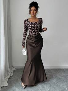 Elenzga Leopard Print Collared Long Sleeve Waist Cinched Bodycon Satin & Tweed Patchwork 2 In 1 Pleated Elegant French Chic Dress For Commute - Brown - View 6