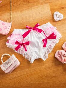 FairyFlirt Mehrschichtige sternförmige Mesh-Glanz Mehrschicht Satin Blumen Spitze Schleife Bloomers in Kontrastfarben, süß, Lolita-Stil, für Musikfestivals und Partys, Damen-Unterwäsche - Heißes Pink - Übersicht 8