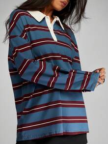 MISSGUIDED 棉质复古橄榄球 Polo 衫 超大长袖条纹领休闲冬秋季学院风 Y2K 街头服饰 - 彩色 - 查看 6