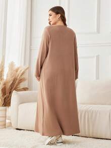 Lacomfia 大码女式休闲宽松蕾丝拼接针织长裙，适合秋冬居家穿着 - 卡其色 - 查看 2