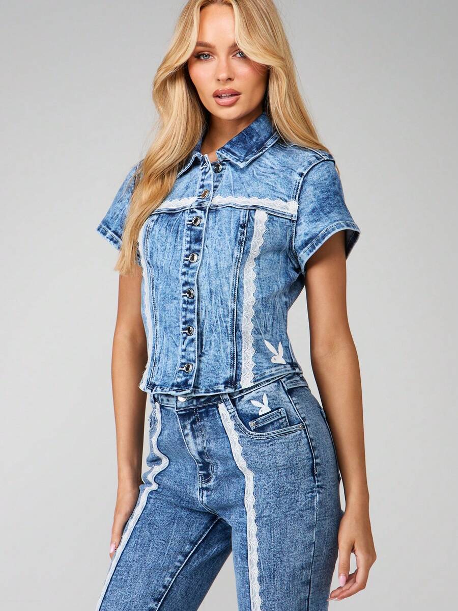 Missguided x Playboy Cropped Denim Jacket With Contrast White Trim And Button Front Closure Festival Summer Outerwear - Blue - View 1
