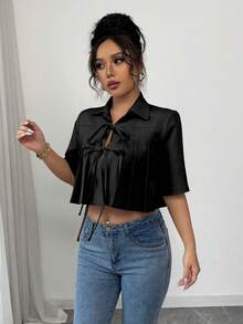 Selianne Blouse élégante pour femmes, couleur unie, avec ourlet plissé et nœud papillon - Noir - Voir 4