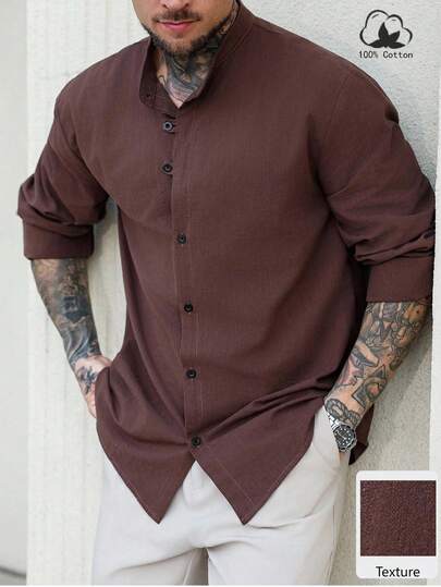 Manfinity CasualCool Men's Solid Color Long Sleeve Single-Breasted Casual/Business Shirt Brown Button Up Men Men Long Sleeve Shirt Dark Brown Shirt Men Collarless Shirt , Suitable For Daily Commute And Events, Also An Ideal Gift For Friends, Boyfriends, And Husbands
