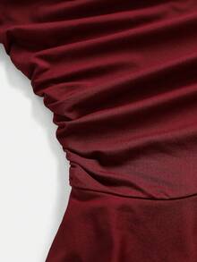 SHEIN Girlism Teen Girls Red Solid Color Metal Flower Decor Ruched Shoulder Ruched Hem Fashionable Dress Dark Red Dress One Shoulder Dress Girls Maroon Dress For Girl