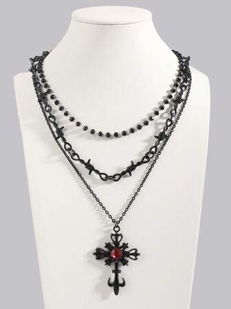 Grunge Punk 3pcs Gothic Style Black Beaded, Red Thorn Rose, Cross & Heart Pendant Necklace Set For Women