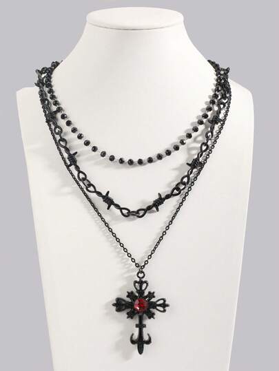 Grunge Punk 3pcs Gothic Style Black Beaded, Red Thorn Rose, Cross & Heart Pendant Necklace Set For Women
