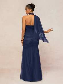 Lumalex Vestido ajustado con cuello halter, de gasa fluida, con busto fruncido y acolchado para mujeres - Azul Marino - Ver 2