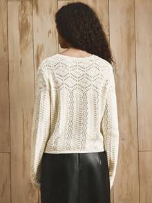 Arave 女士纹理针织羊毛毛衣，圆领套头衫，菱形图案穿孔设计，简约优雅，适合秋冬日常穿着 - 白色 - 查看 7