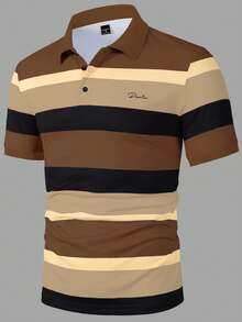 Manfinity Homme 男士字母對比條紋短袖休閒通勤 Polo 衫，時尚夏季款 - 棕色 - 查看 5