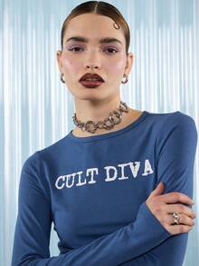 COUREZ T-shirt ajusté à manches longues avec imprimé slogan Cult Diva / Top de printemps Y2K pour sortir, hauts mignons, t-shirts graphiques pour femmes - Bleu azur - Voir 6